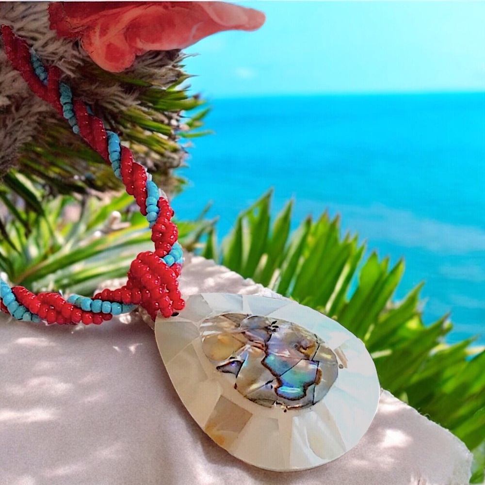 Twisted Multi-Strand Seed Bead Choker with Mosaic Teardrop Abalone Shell Pendant